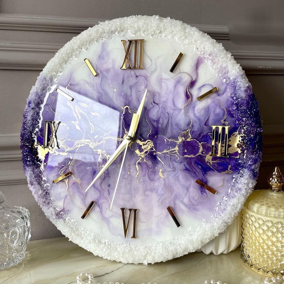 Modern designer purple resin wall clock with gold Roman numerals
