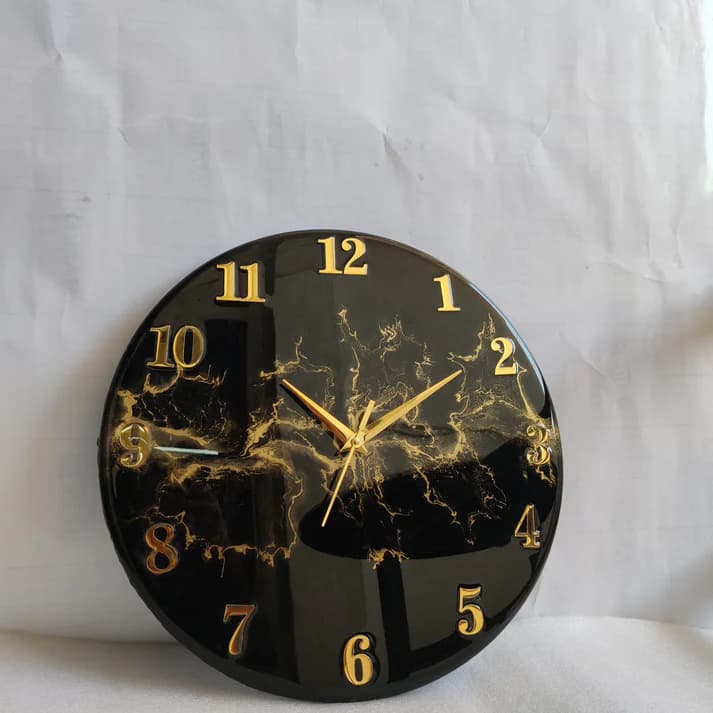 Handmade black wall clock with premium golden resin finish
