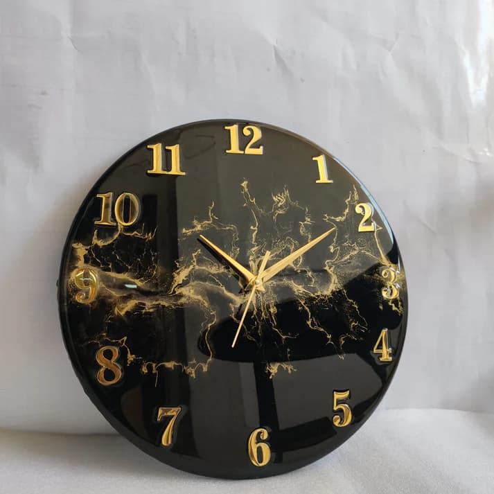 Black resin wall clock with golden blast design for vastu power and success - Thumbnail 4