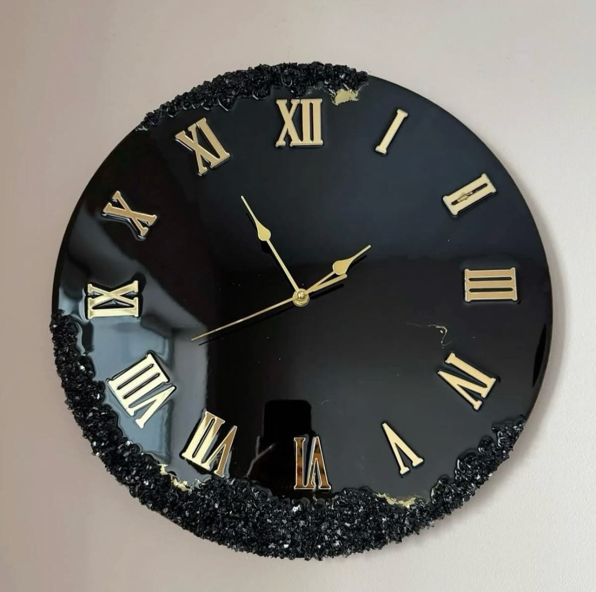Luxury black resin wall clock with gold Roman numerals and crystal stone border