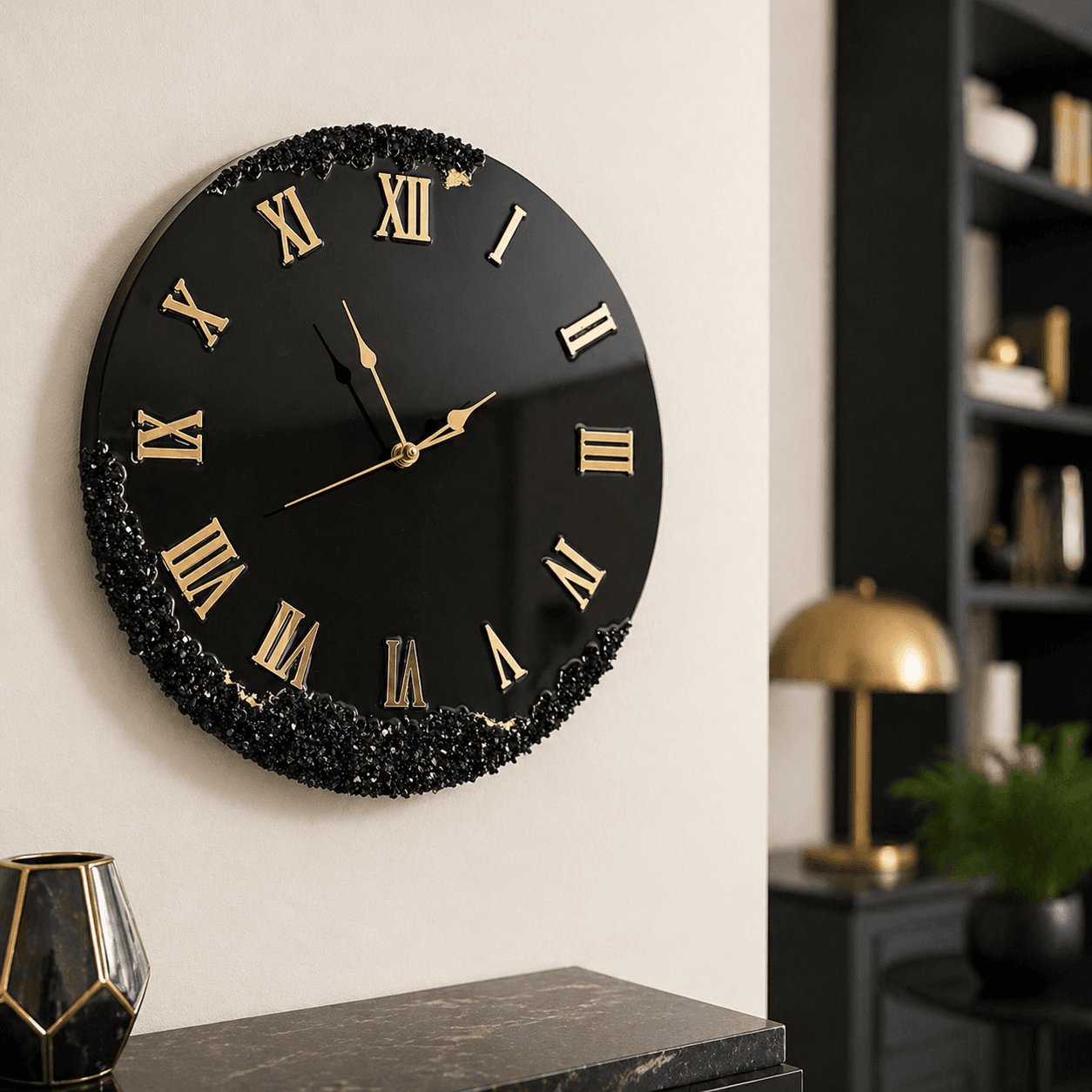 Black resin wall clock with gold Roman numerals