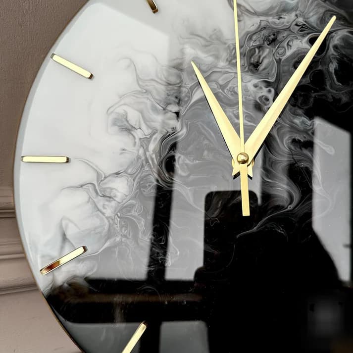 Hand-poured resin art on black and white luxury wall clock