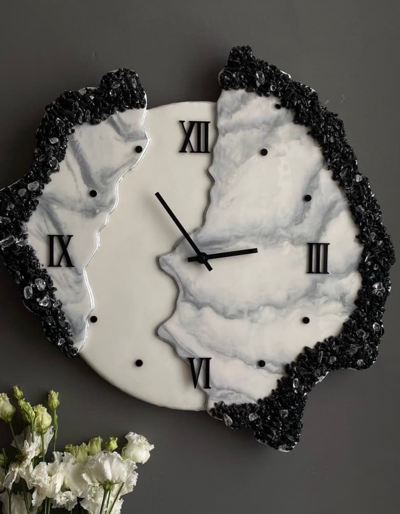 Shadow Onyx luxury white marble resin wall clock with black crystal border, black Roman numerals and silent movement