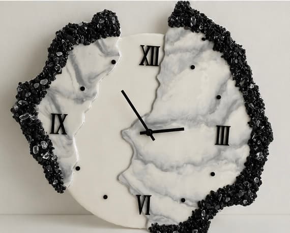 Handmade black and white marble resin wall clock with crystal border