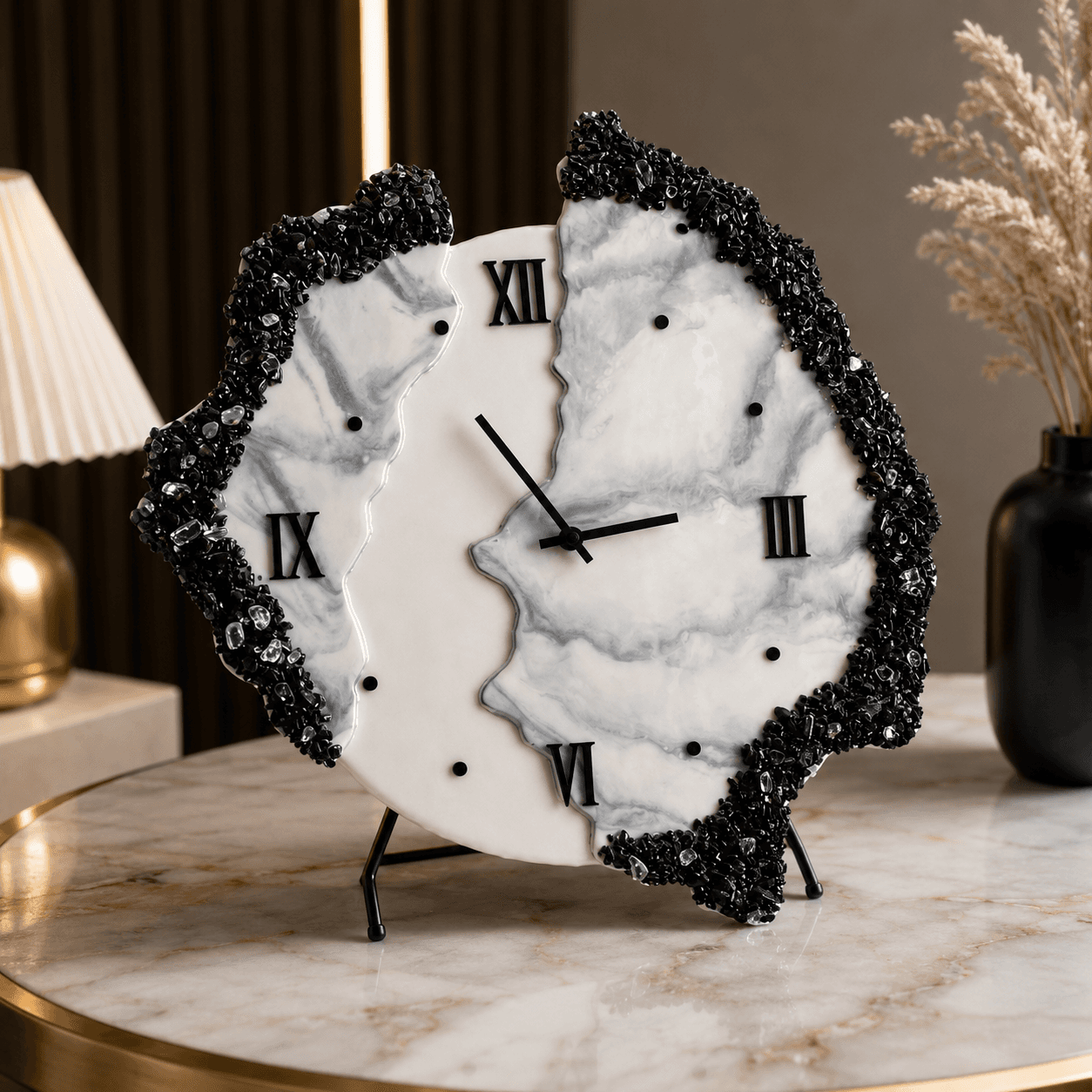 Modern designer monochrome resin wall clock with black Roman numerals