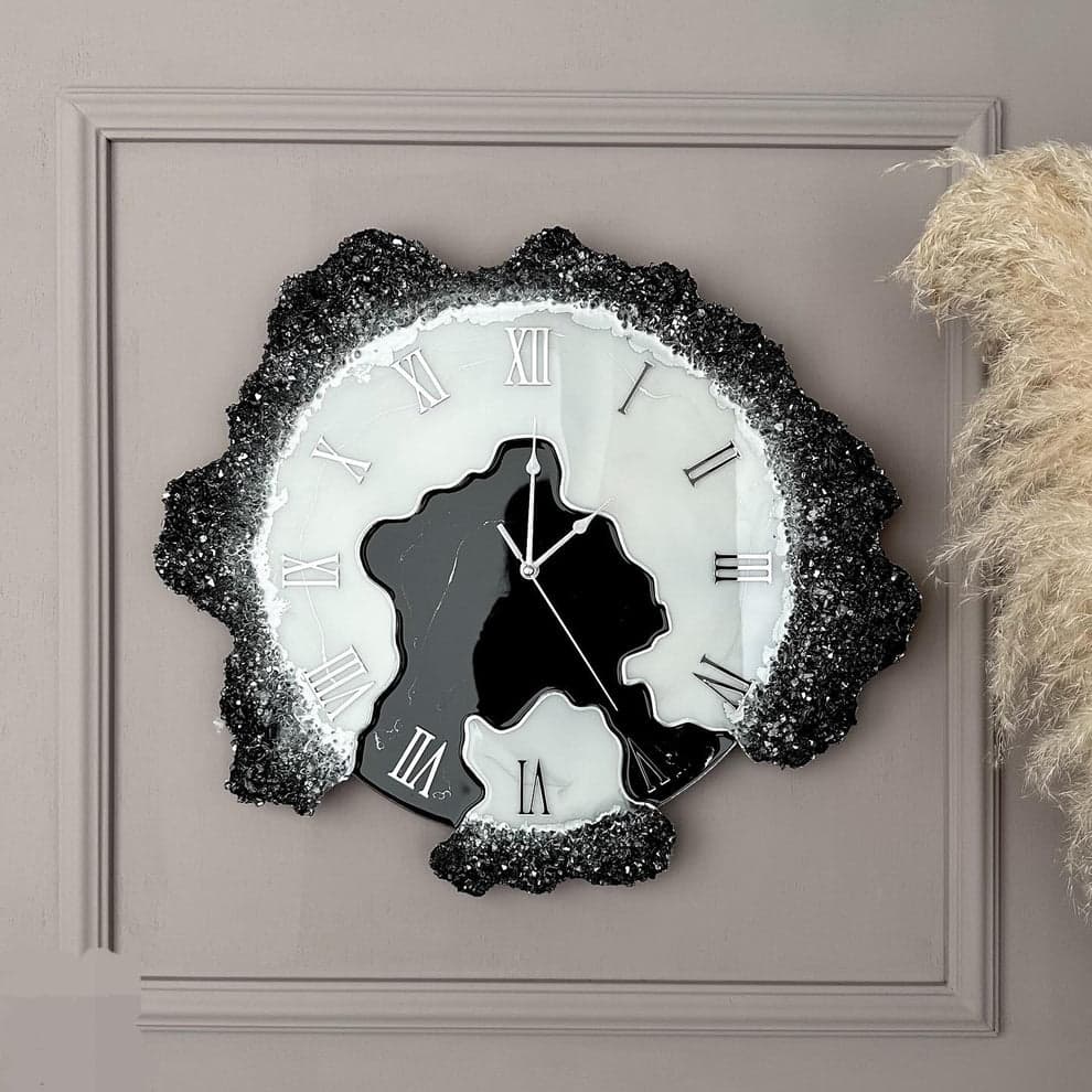 Onyx Marble luxury black and white resin wall clock with crystal stone accents, silver Roman numerals and silent movement