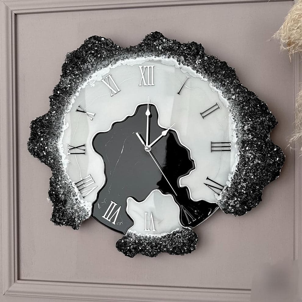 Handmade black and white resin wall clock with crystal stone accents