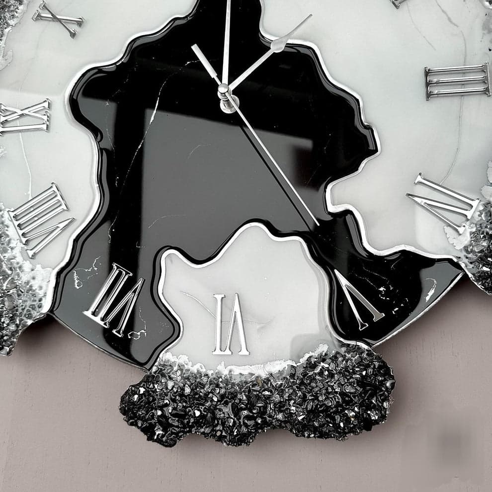Modern designer black marble resin wall clock with silver Roman numerals