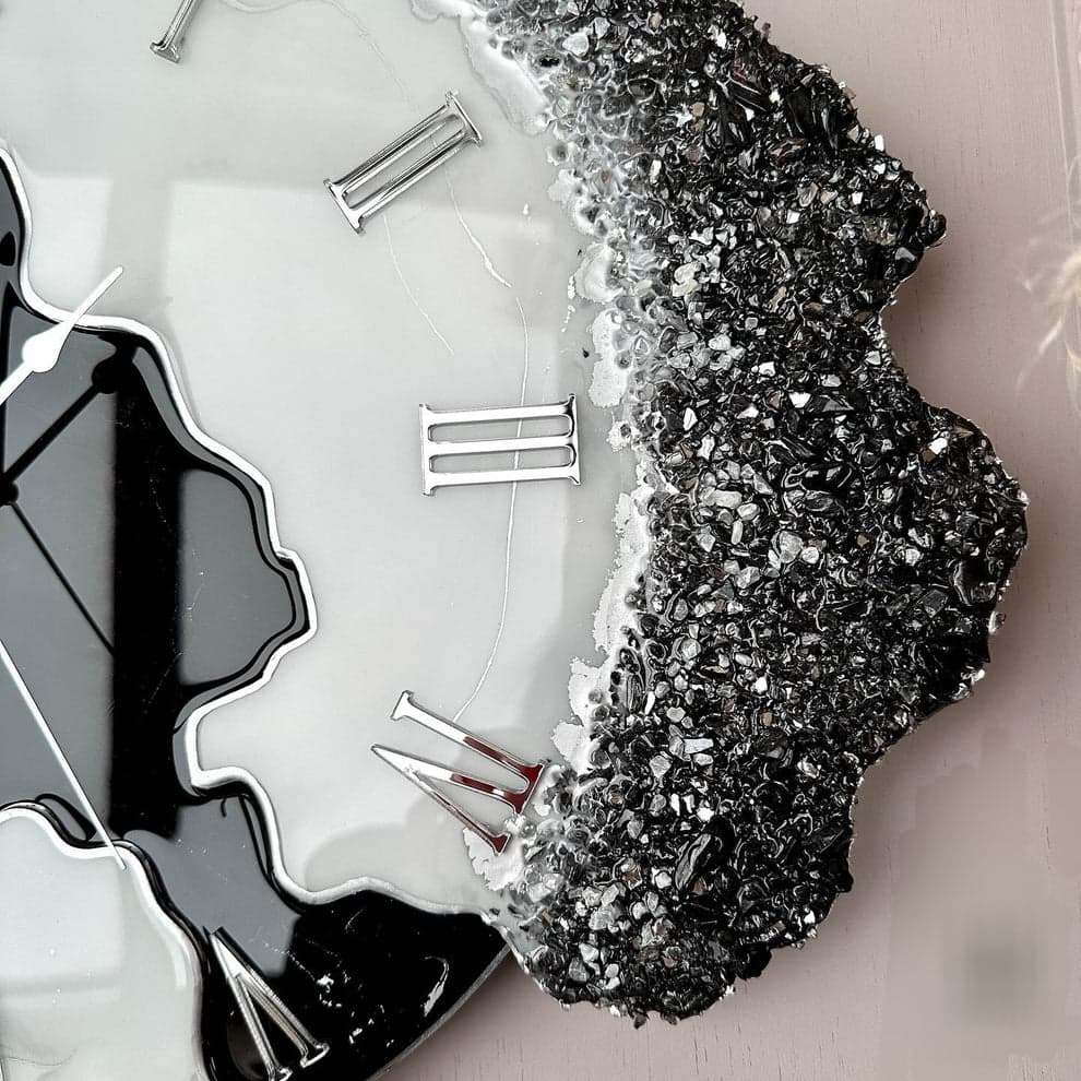 Onyx Marble luxury black and white resin wall clock with crystal stone accents, silver Roman numerals and silent movement