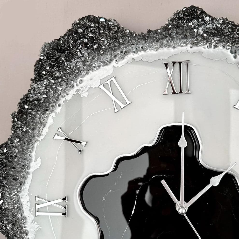 Onyx Marble luxury black and white resin wall clock with crystal stone accents, silver Roman numerals and silent movement