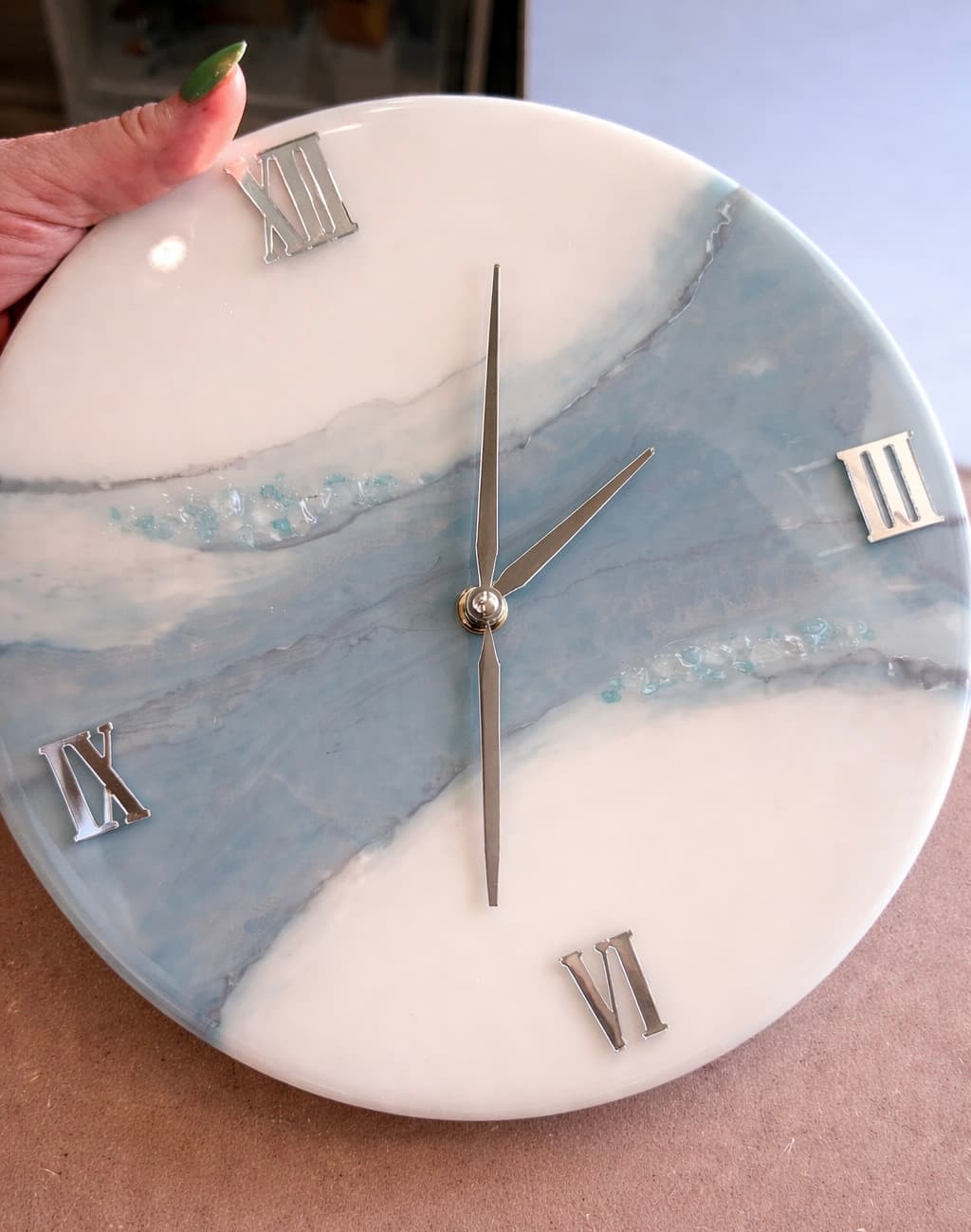 Handmade blue wall clock with premium resin finish