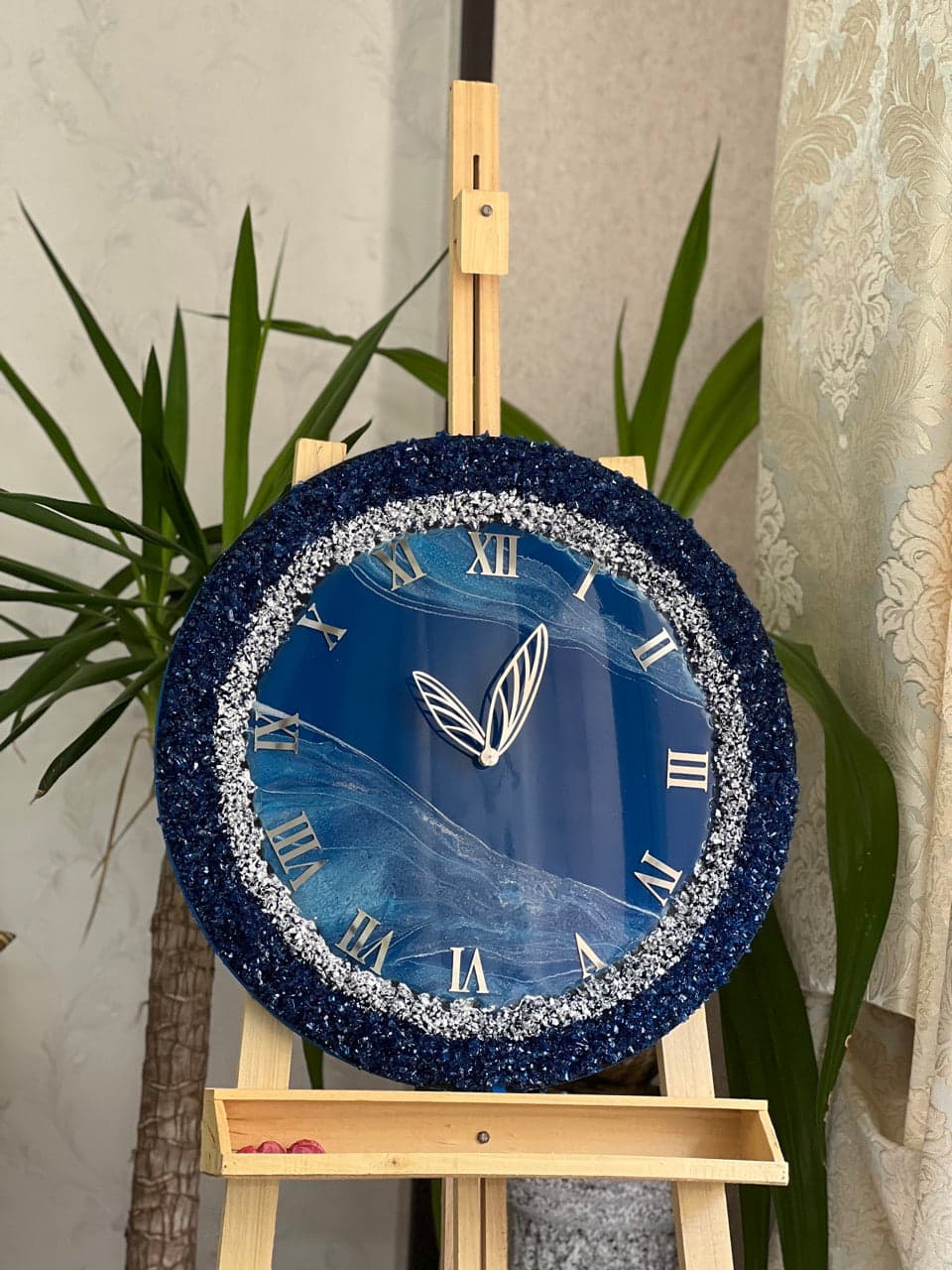 Handmade blue stone resin wall clock with crystal texture