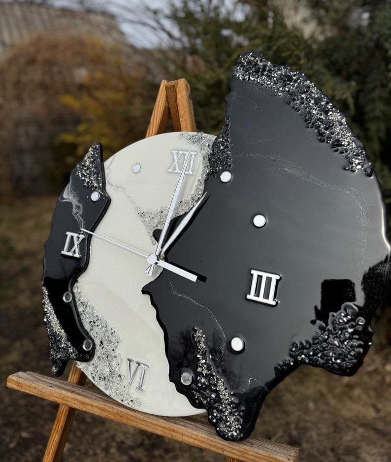 Midnight Onyx luxury black and white resin wall clock with crystal stone accents, silver Roman numerals and silent movement