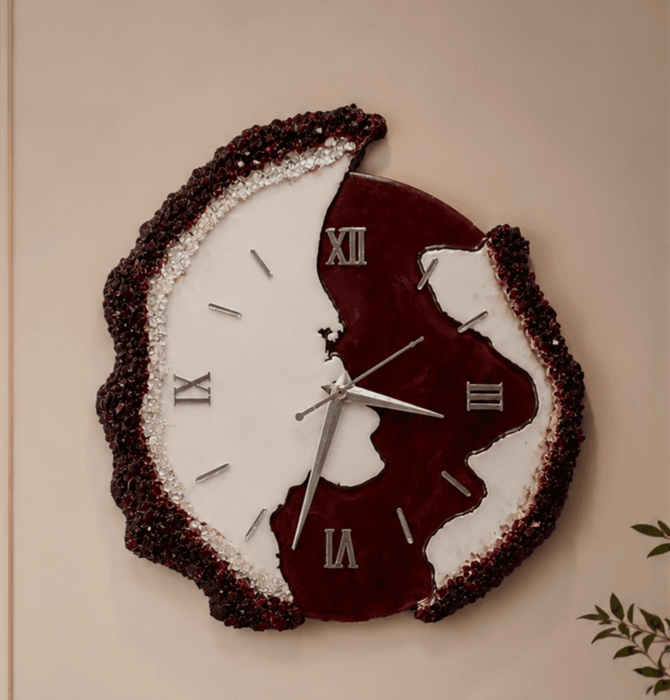 Garnet Stone luxury resin wall clock with deep red crystal border, silver Roman numerals and silent movement