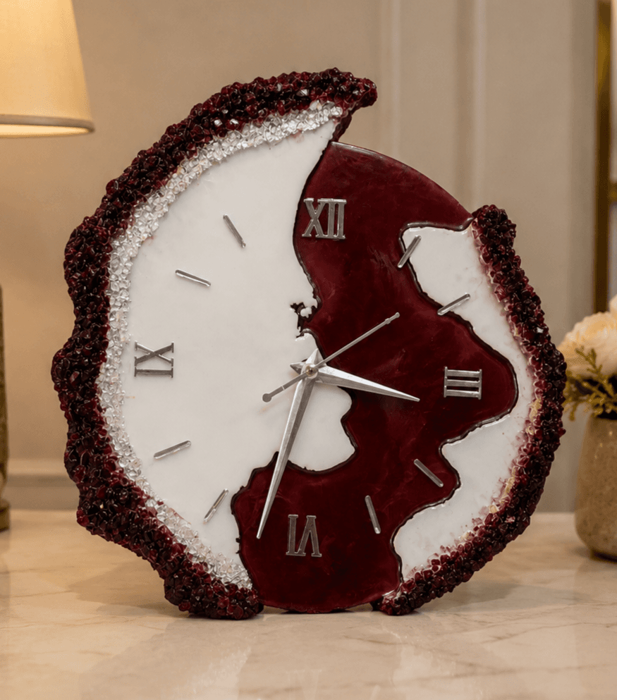 Handmade deep red resin wall clock with crystal stone border