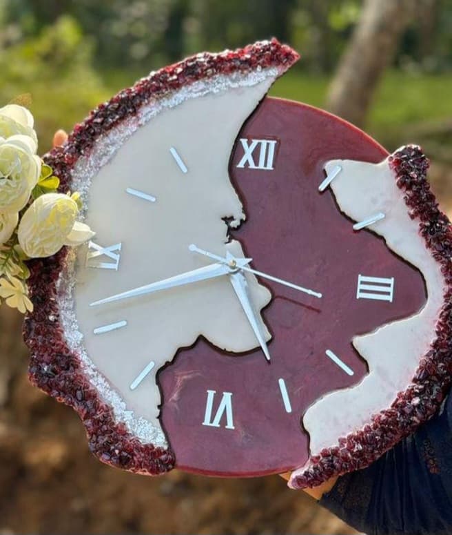 Modern designer garnet resin wall clock with silver Roman numerals