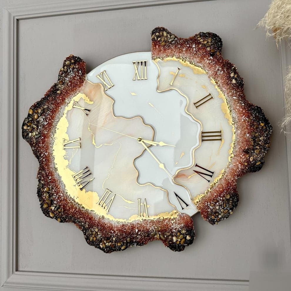 Tiger Eye luxury brown resin wall clock with crystal stone border, gold Roman numerals and silent movement