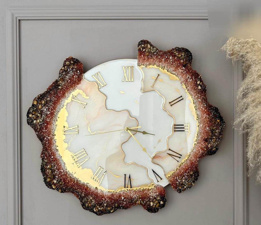 Handmade brown stone resin wall clock with crystal border