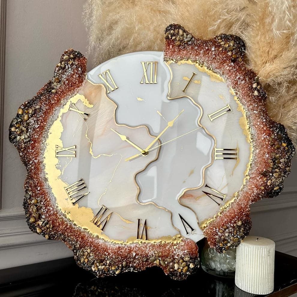 Tiger Eye luxury brown resin wall clock with crystal stone border, gold Roman numerals and silent movement