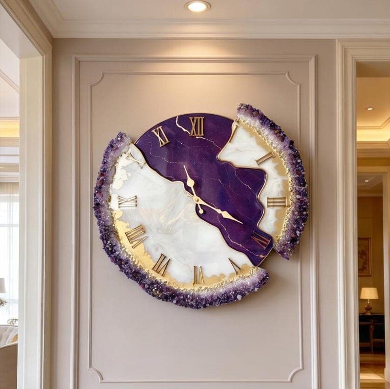 Royal Amethyst luxury resin wall clock with purple crystal border, gold Roman numerals and silent movement