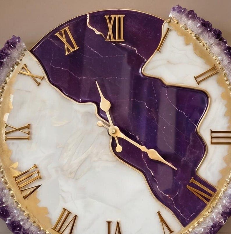 Handmade purple crystal resin wall clock with gold detailing