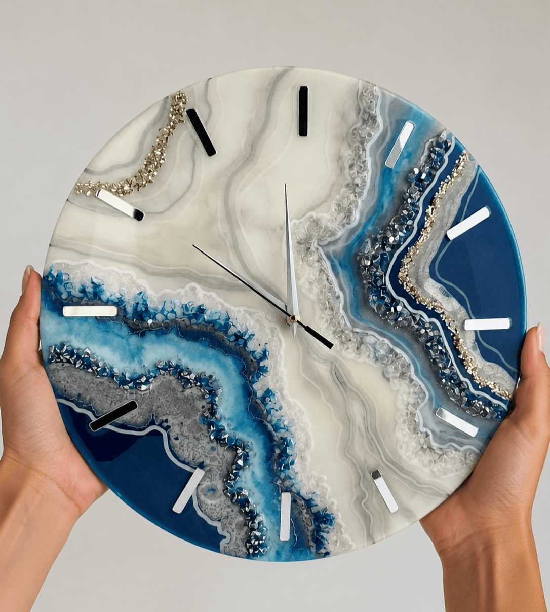 Ocean Agate luxury blue resin wall clock with crystal geode detailing, silver markers and silent movement