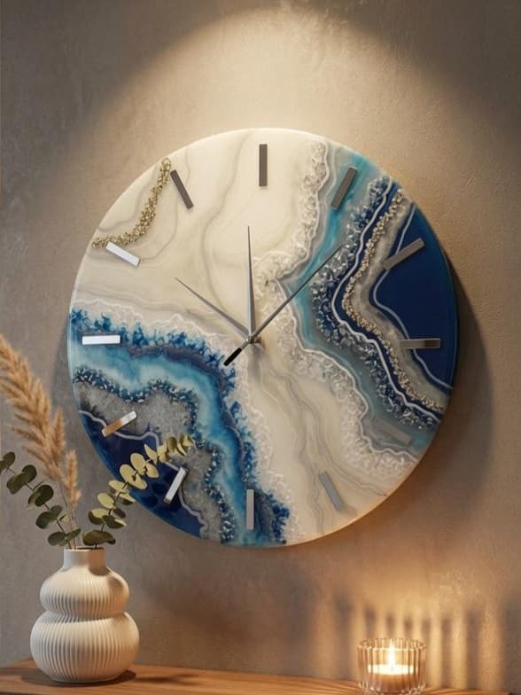 Handmade blue geode resin wall clock with crystal stone accents