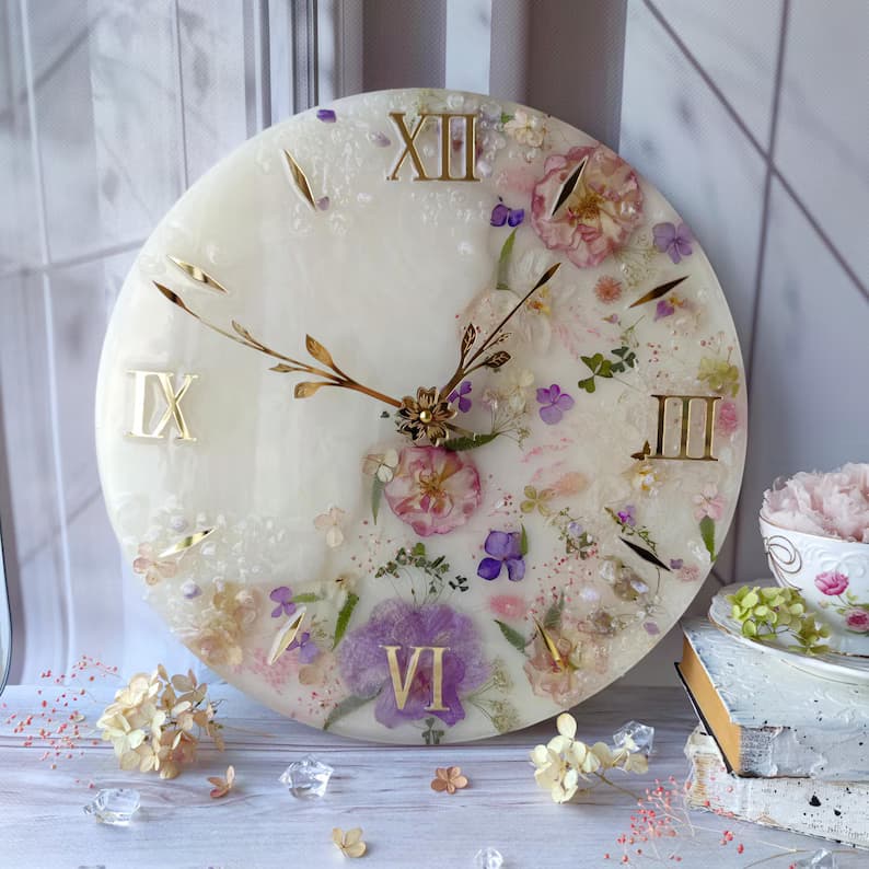 Luxury floral resin wall clock with real dried flowers and gold Roman numerals