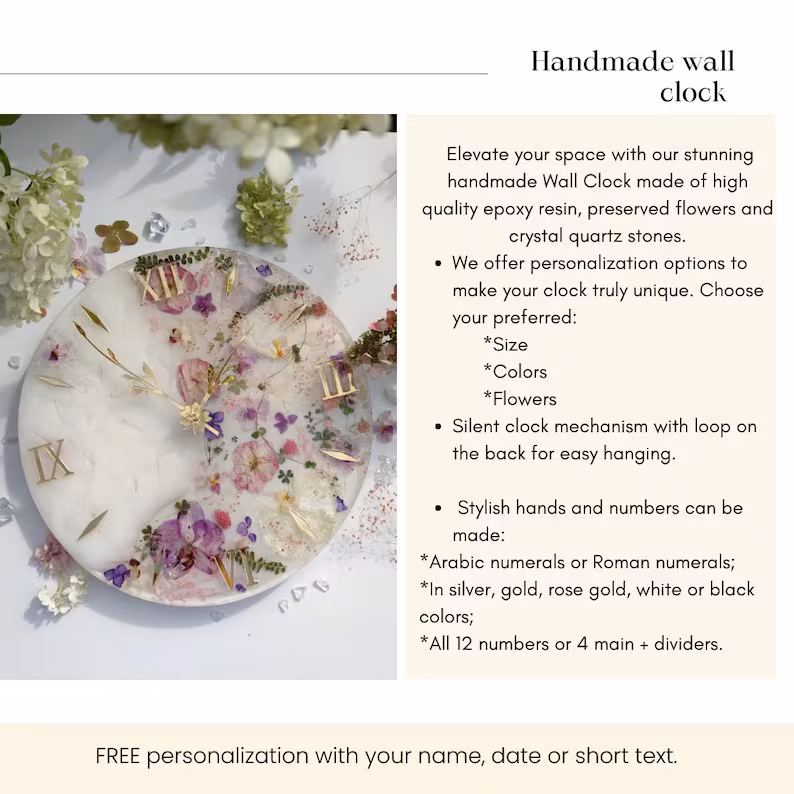 Premium botanical resin wall clock with preserved flowers