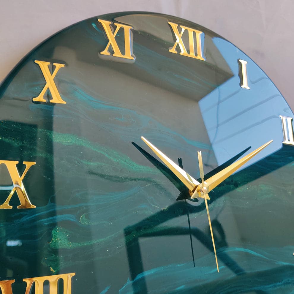 Side profile of handmade emerald green resin wall clock