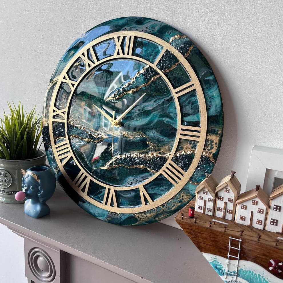 Silent sweep movement mechanism on blue resin luxury clock