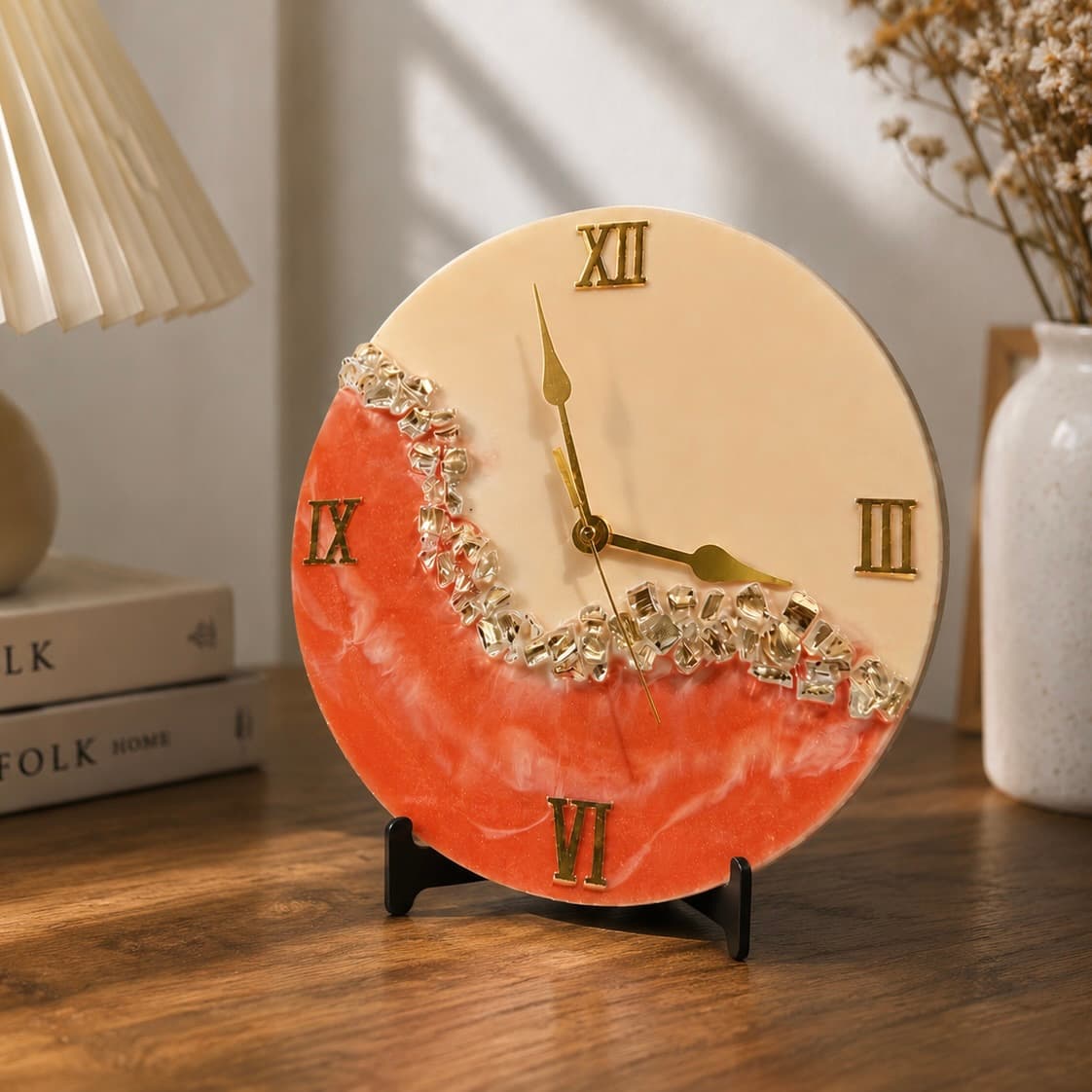 Handmade orange resin wall clock with gold crystal finish