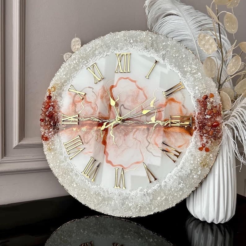 Amber Stone luxury resin wall clock with crystal border, gold Roman numerals and silent movement