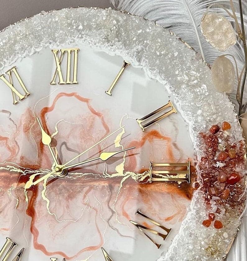 Handmade orange resin wall clock with crystal texture