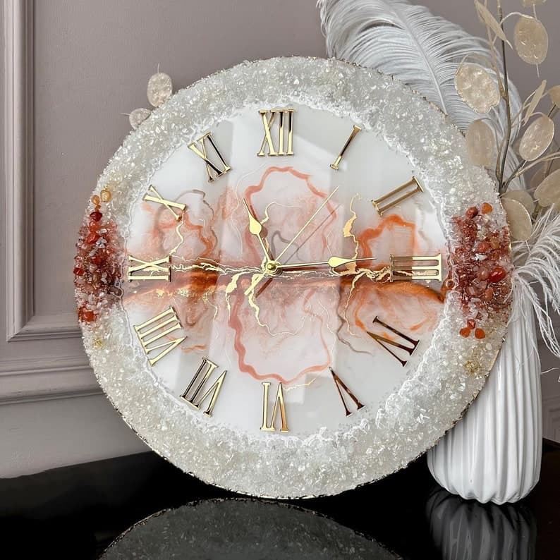 Amber Stone luxury resin wall clock with crystal border, gold Roman numerals and silent movement