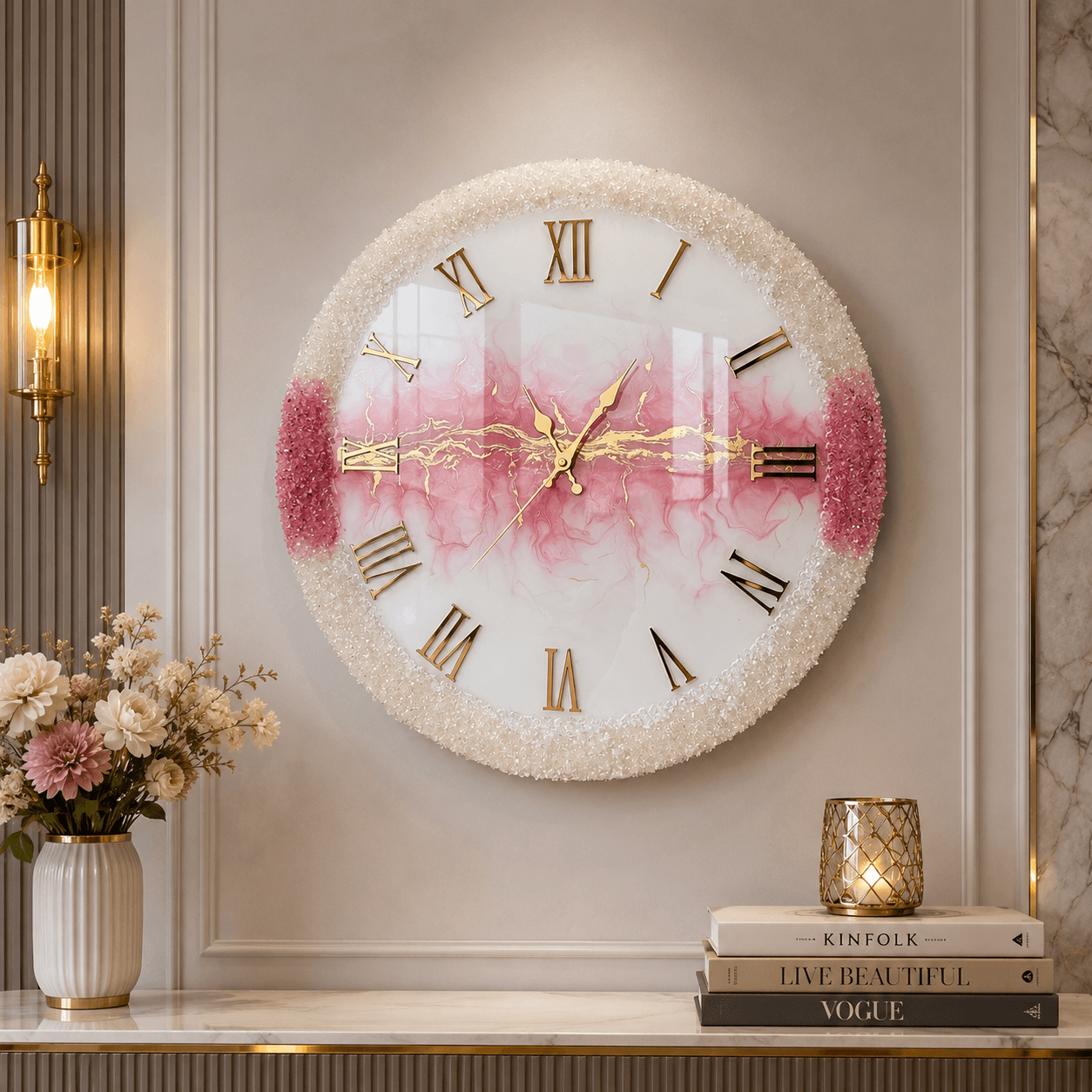 Rose Quartz luxury pink resin wall clock with crystal border, gold Roman numerals and silent movement