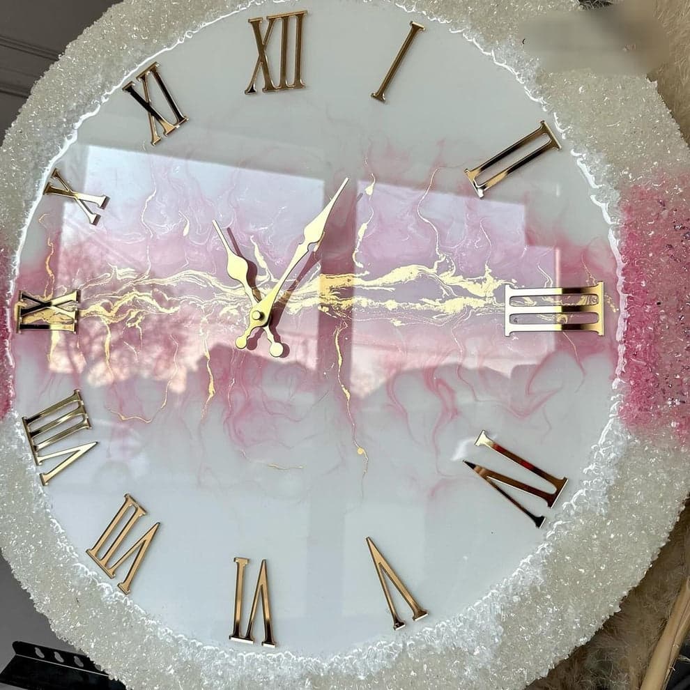 Handmade pink stone resin wall clock with crystal texture