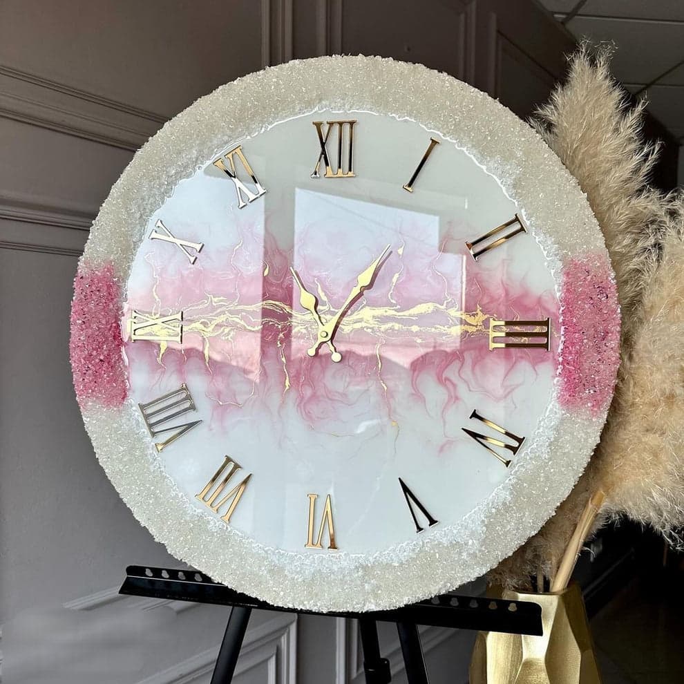 Modern designer pink resin wall clock with gold Roman numerals