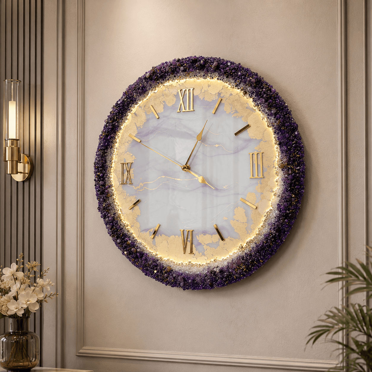 Imperial Amethyst luxury resin wall clock with purple crystal border, gold leaf accents, gold Roman numerals and silent movement