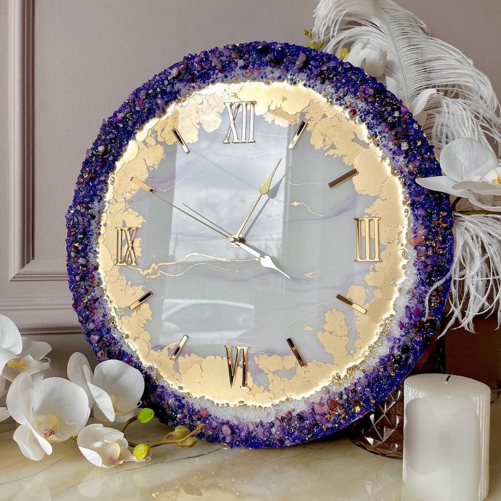 Handmade purple crystal resin wall clock with gold leaf detailing