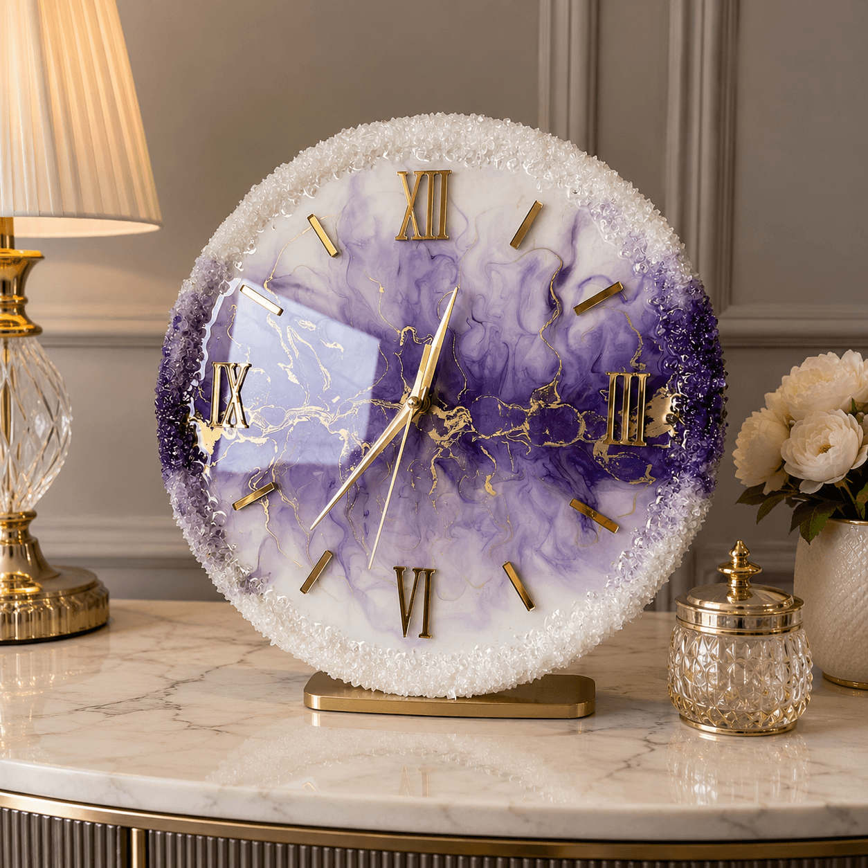 Amethyst Stone luxury purple resin wall clock with crystal border, gold Roman numerals and silent movement