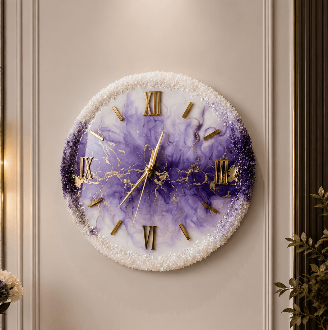 Handmade purple stone resin wall clock with crystal texture
