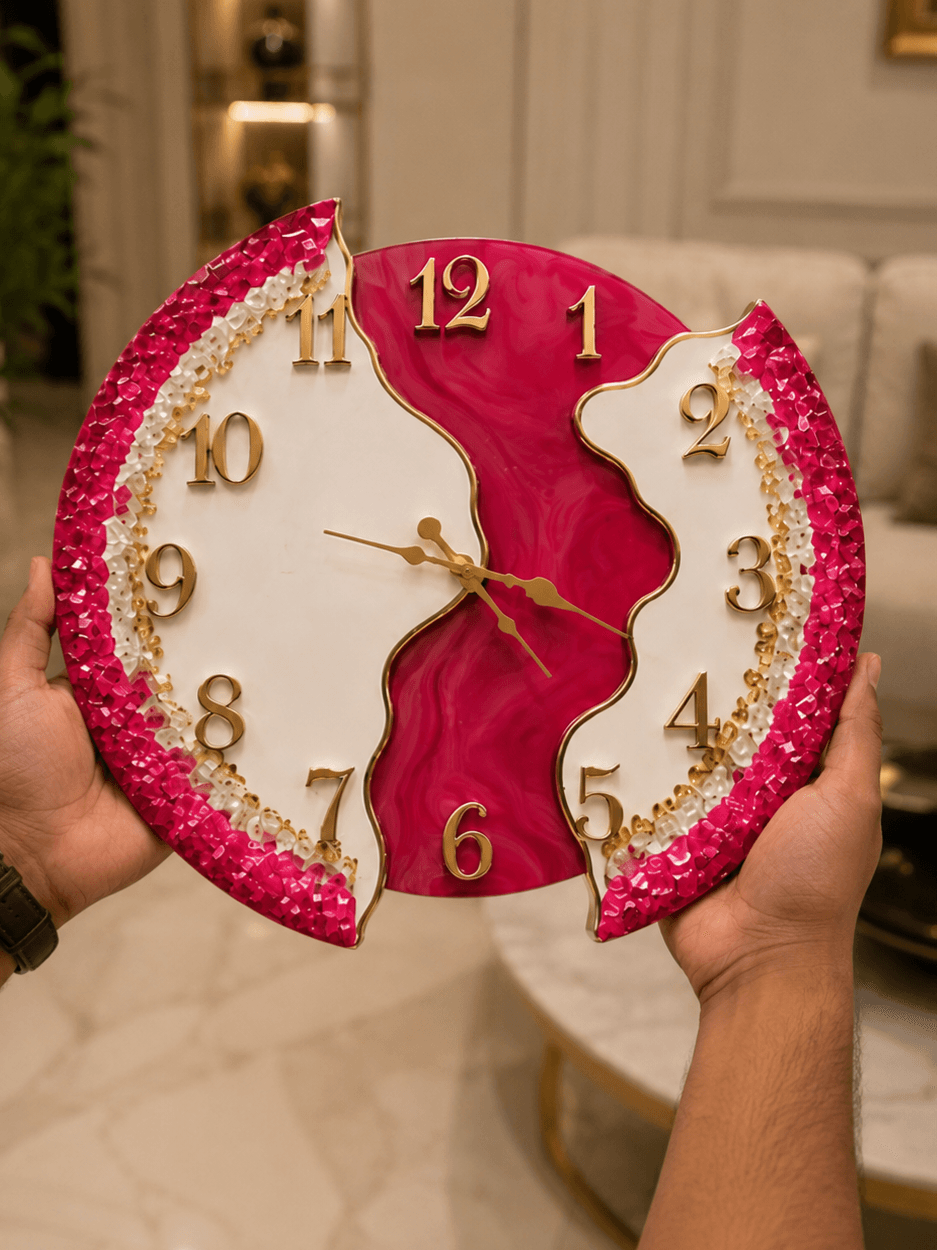 Ruby Rose luxury resin wall clock with ruby crystal border, gold numerals and silent movement