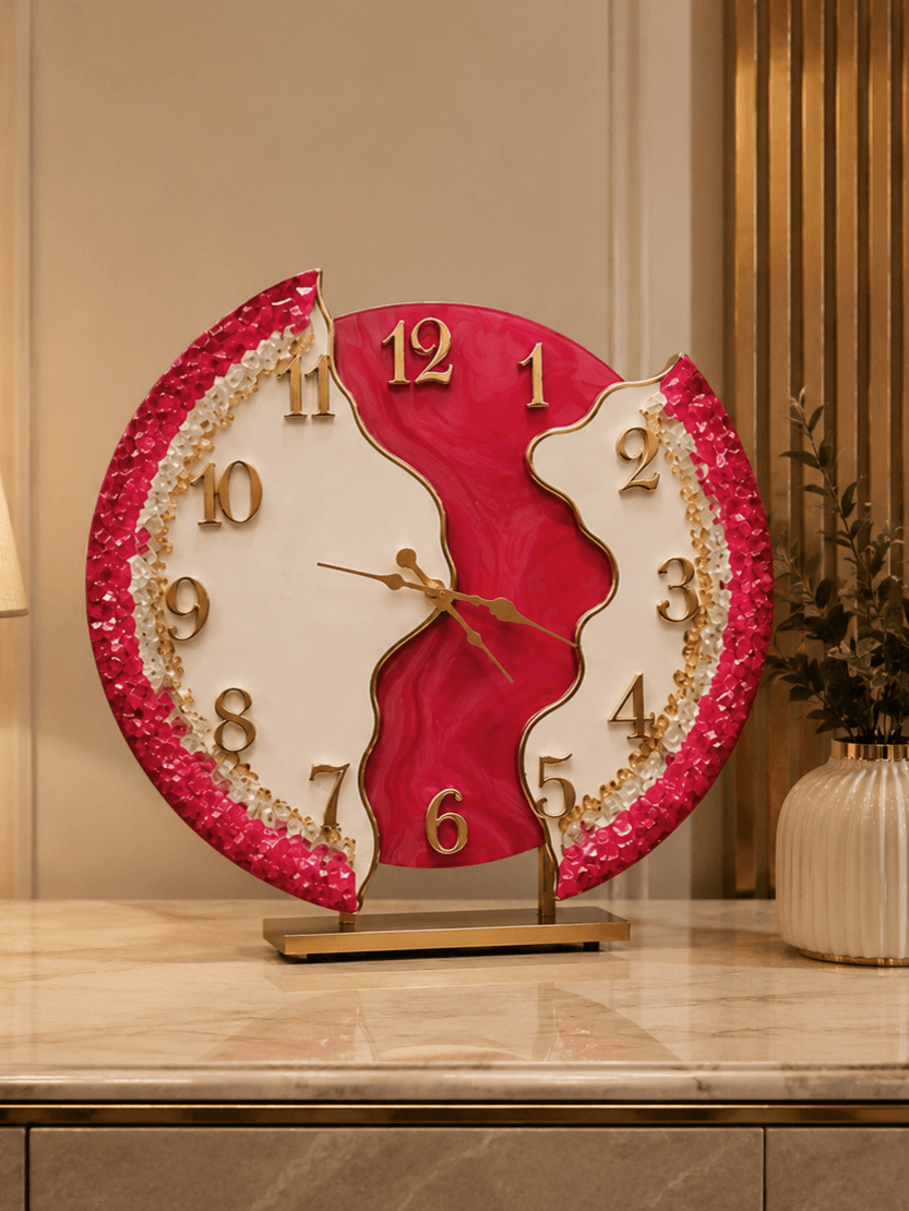 Handmade ruby pink resin wall clock with crystal stone border
