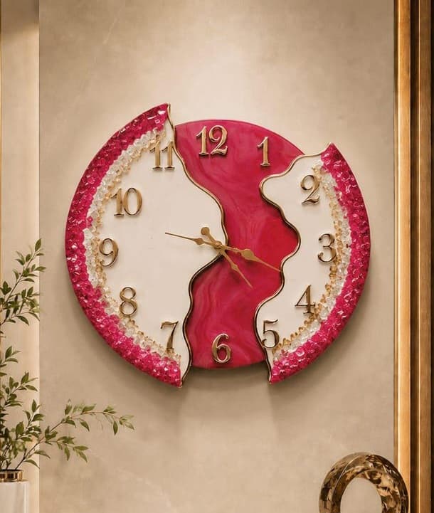 Modern designer ruby resin wall clock with gold numerals
