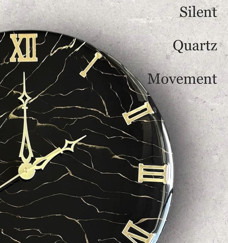Handmade black resin wall clock with gold Roman numerals