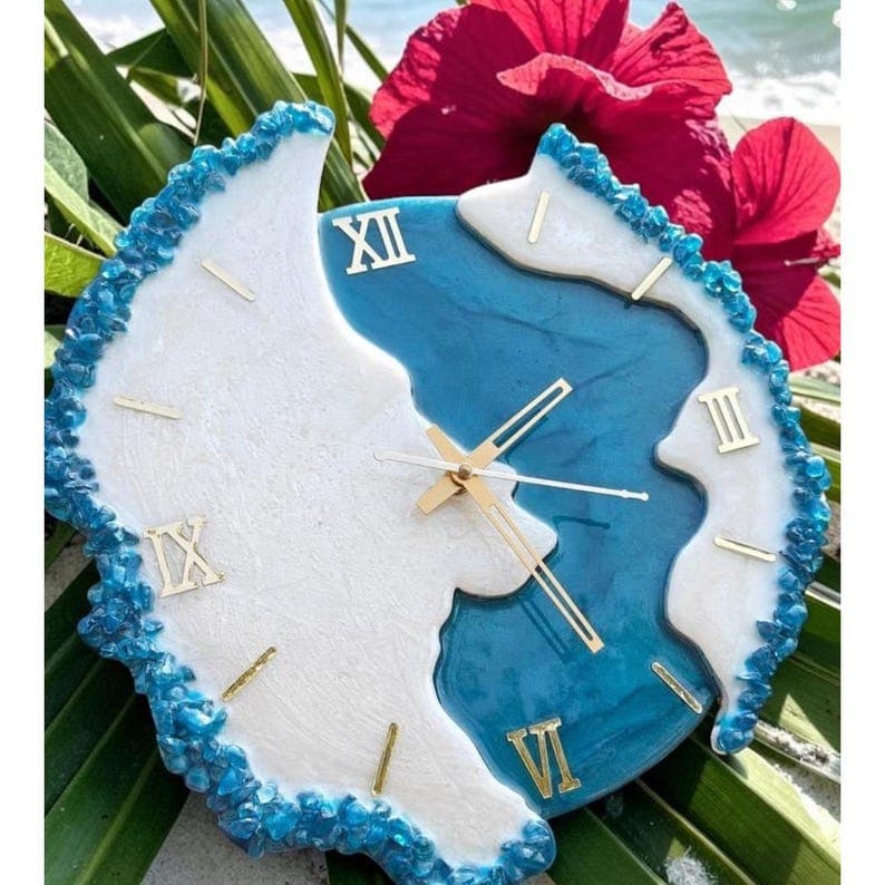 Handmade sky blue resin wall clock with crystal edging