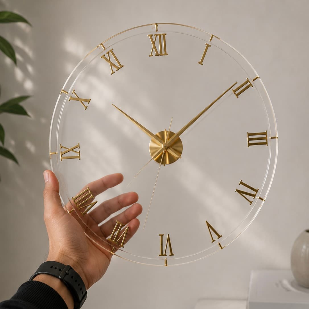 Transparent acrylic wall clock with gold Roman numerals and silent movement