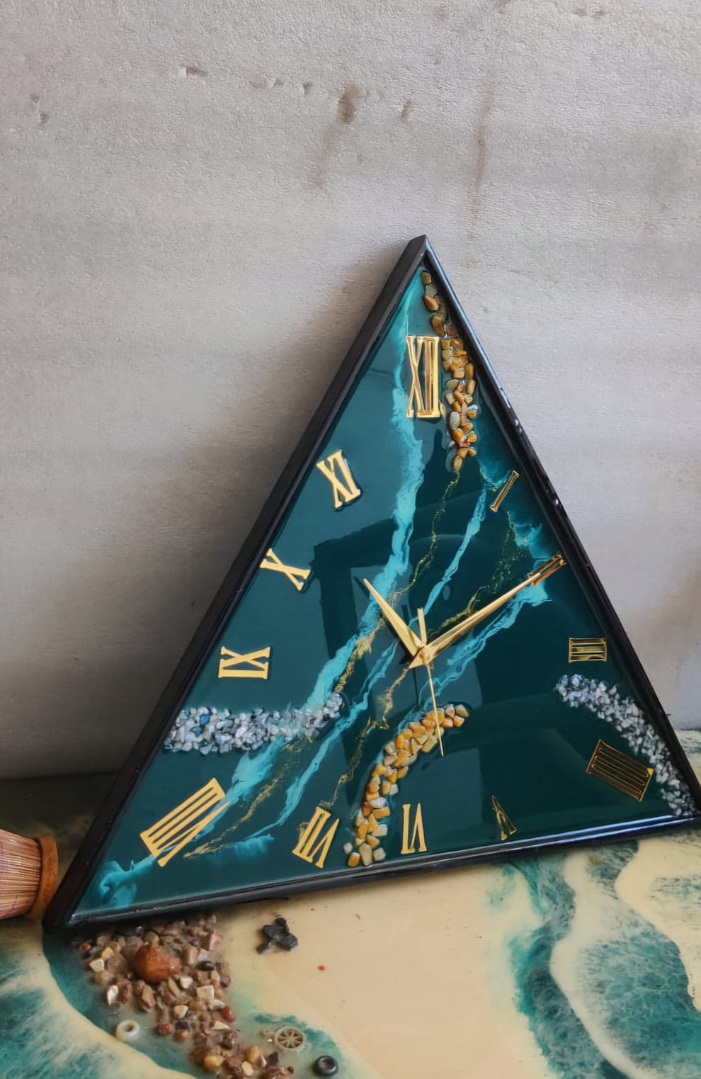 Shiny Triangle Green With Golden Roman Wall Clock