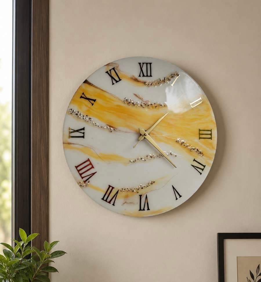 White and yellow luxury resin wall clock for living room